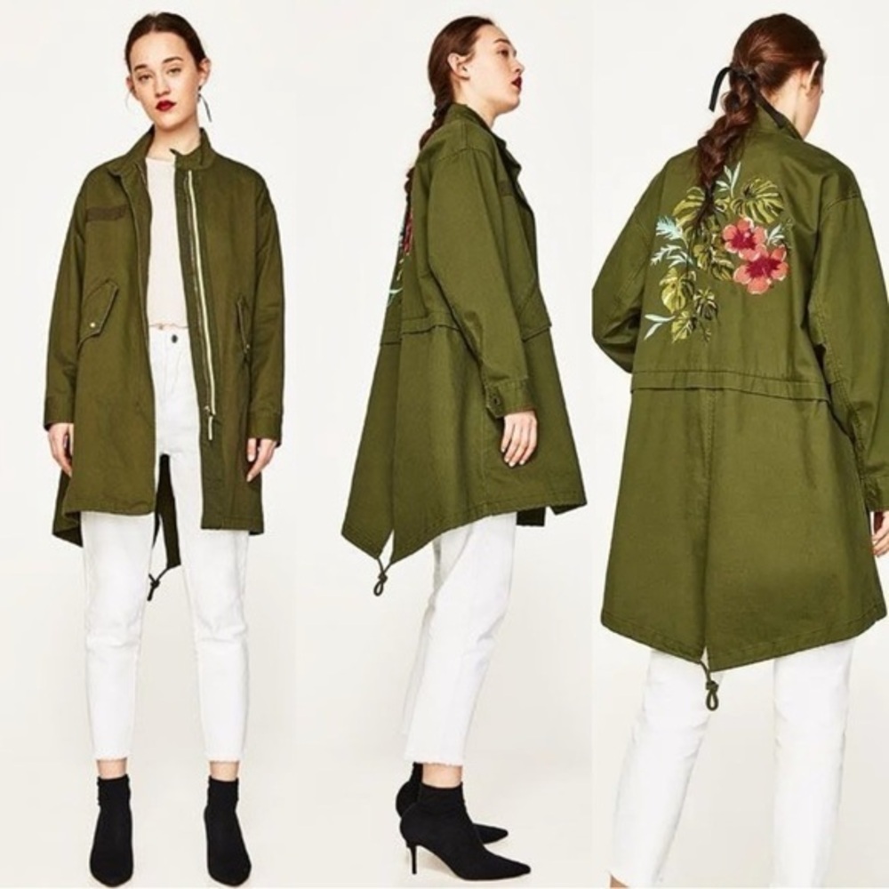Zara Floral Embroidered Green Utility Jacket